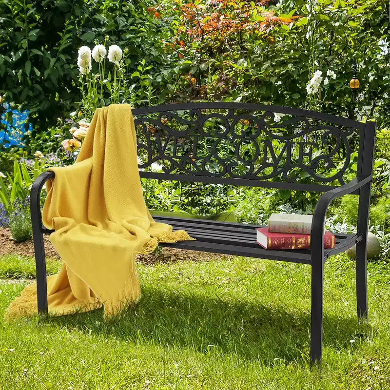 Banc de jardin Costway Meuble d'extérieur de parc et cour, cadre en acier, banc de porche et chemin, causeuse noire