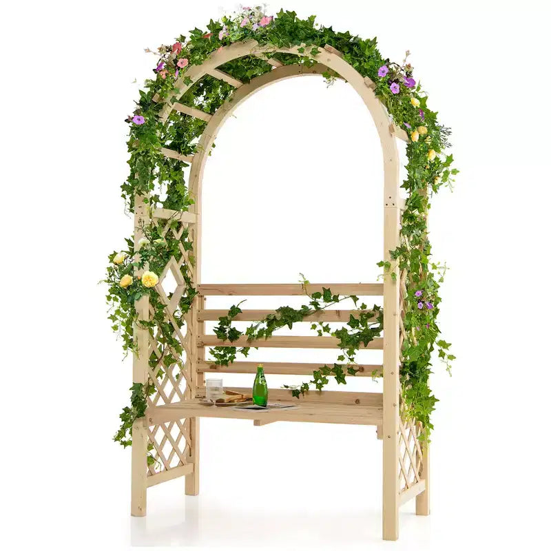 Costway Wooden Garden Bench Arch Pergola Outdoor Arbor w/backrest Patio Trellis Pergola