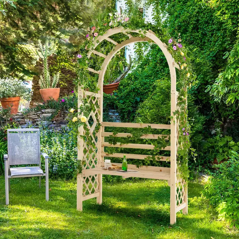 Costway Banc de jardin en bois avec arche de pergola et treillis pour patio/dossier