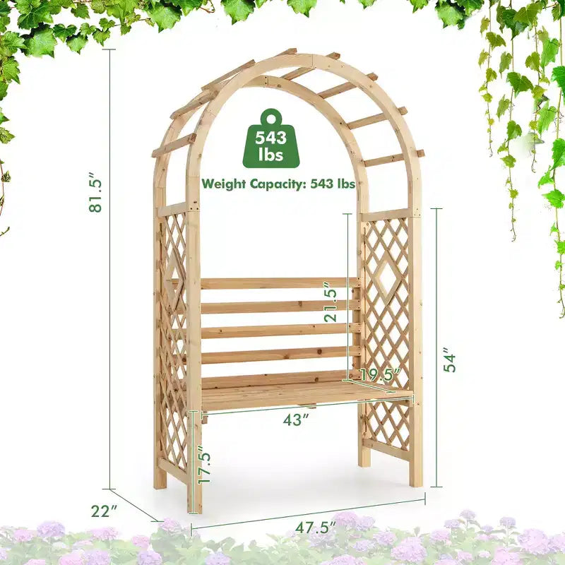 Costway Banc de jardin en bois avec arche de pergola et treillis pour patio/dossier