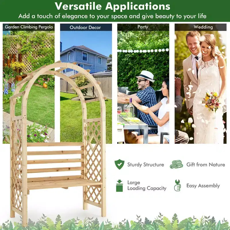 Costway Banc de jardin en bois avec arche de pergola et treillis pour patio/dossier