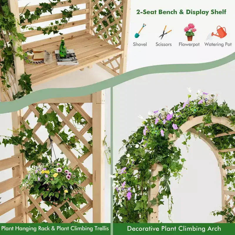 Costway Banc de jardin en bois avec arche de pergola et treillis pour patio/dossier