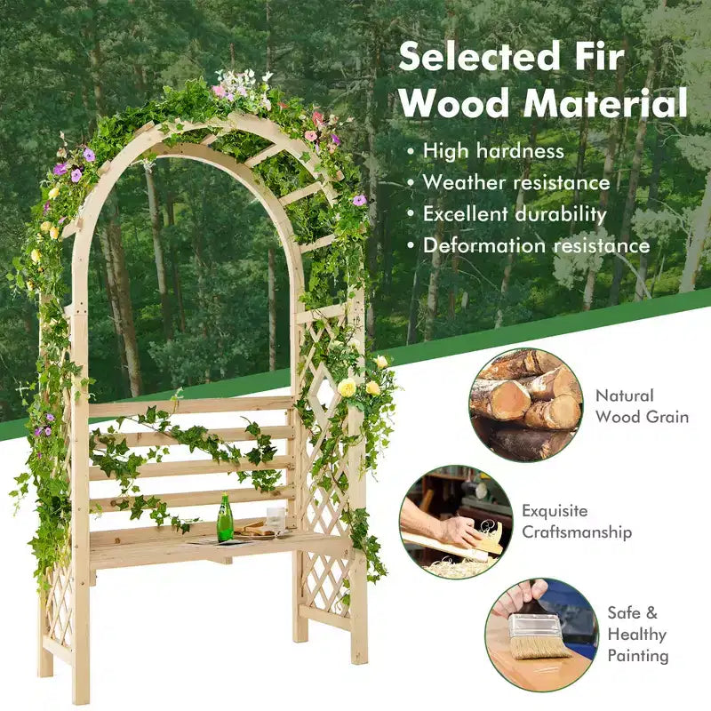 Costway Banc de jardin en bois avec arche de pergola et treillis pour patio/dossier