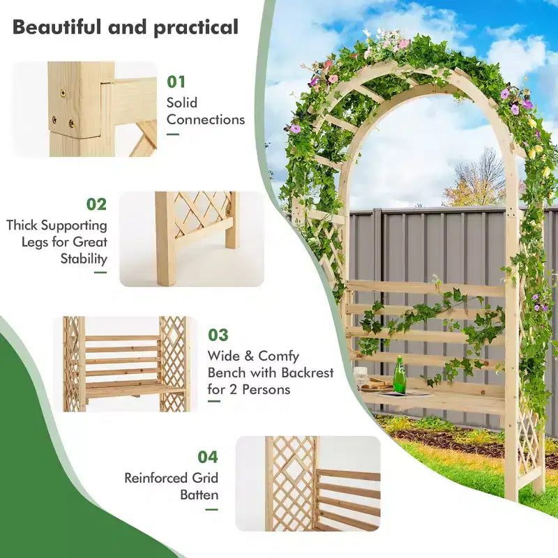 Costway Banc de jardin en bois avec arche de pergola et treillis pour patio/dossier