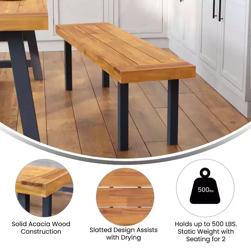 Banc rustique en bois d'acacia Emma and Oliver avec deux places assises, pieds en bois évasés et surface à lattes pour usage intérieur et extérieur