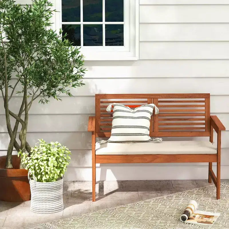 Banc de patio Costway, causeuse d'extérieur en bois massif avec dossier et coussin pour porche et jardin