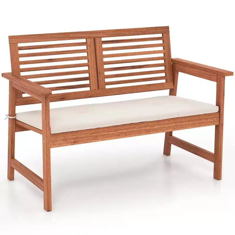 Banc de patio Costway, causeuse d'extérieur en bois massif avec dossier et coussin pour porche et jardin