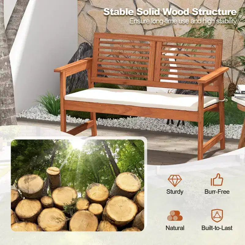 Banc de patio Costway, causeuse d'extérieur en bois massif avec dossier et coussin pour porche et jardin