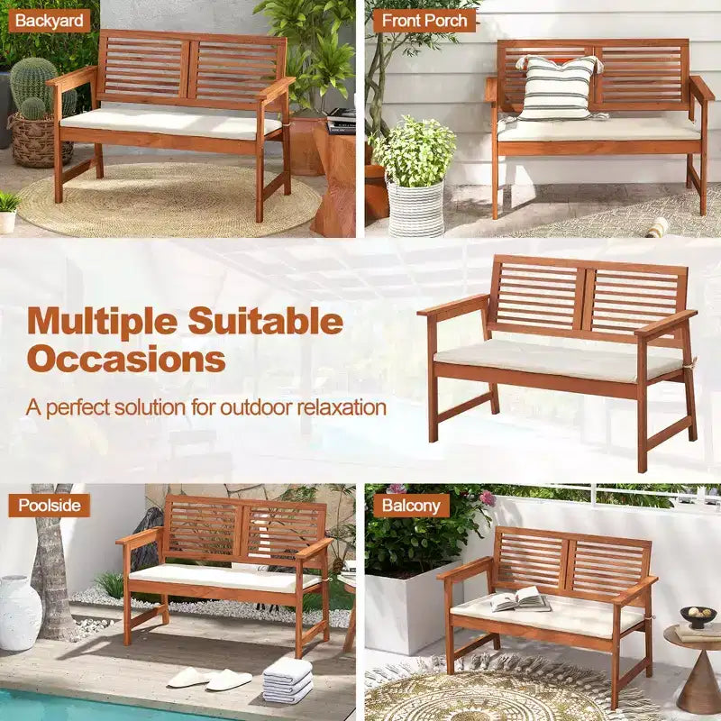 Banc de patio Costway, causeuse d'extérieur en bois massif avec dossier et coussin pour porche et jardin