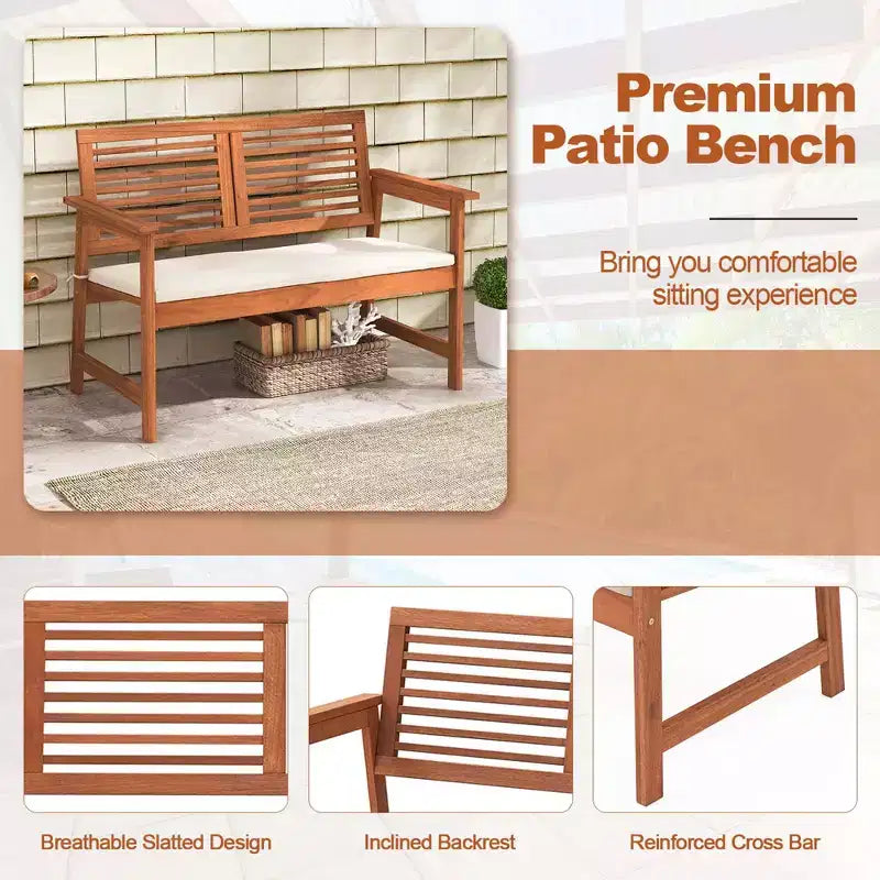 Banc de patio Costway, causeuse d'extérieur en bois massif avec dossier et coussin pour porche et jardin
