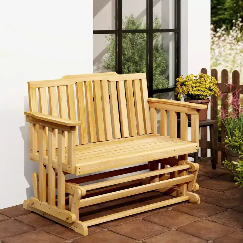 Banc de jardin à bascule Outsunny en bois, causeuse d'extérieur en bois avec dossier haut et accoudoirs, 2 places