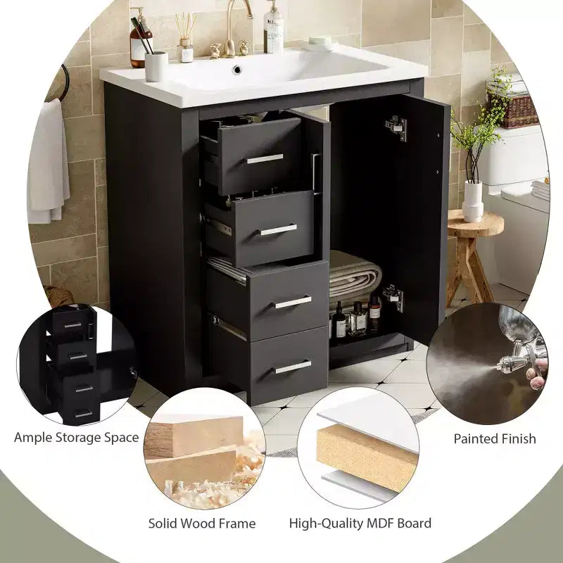 Meuble-lavabo de salle de bain 30 pouces à vasque simple avec armoire et 3 tiroirs – Noir / Bleu / Vert / Indigo / Blanc