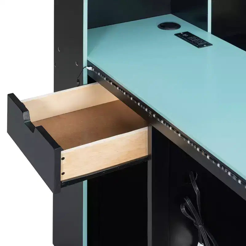 Lit de repos Gamer Hub avec bureau, lumières RGB, station de recharge, tiroirs de rangement et tête de lit bibliothèque