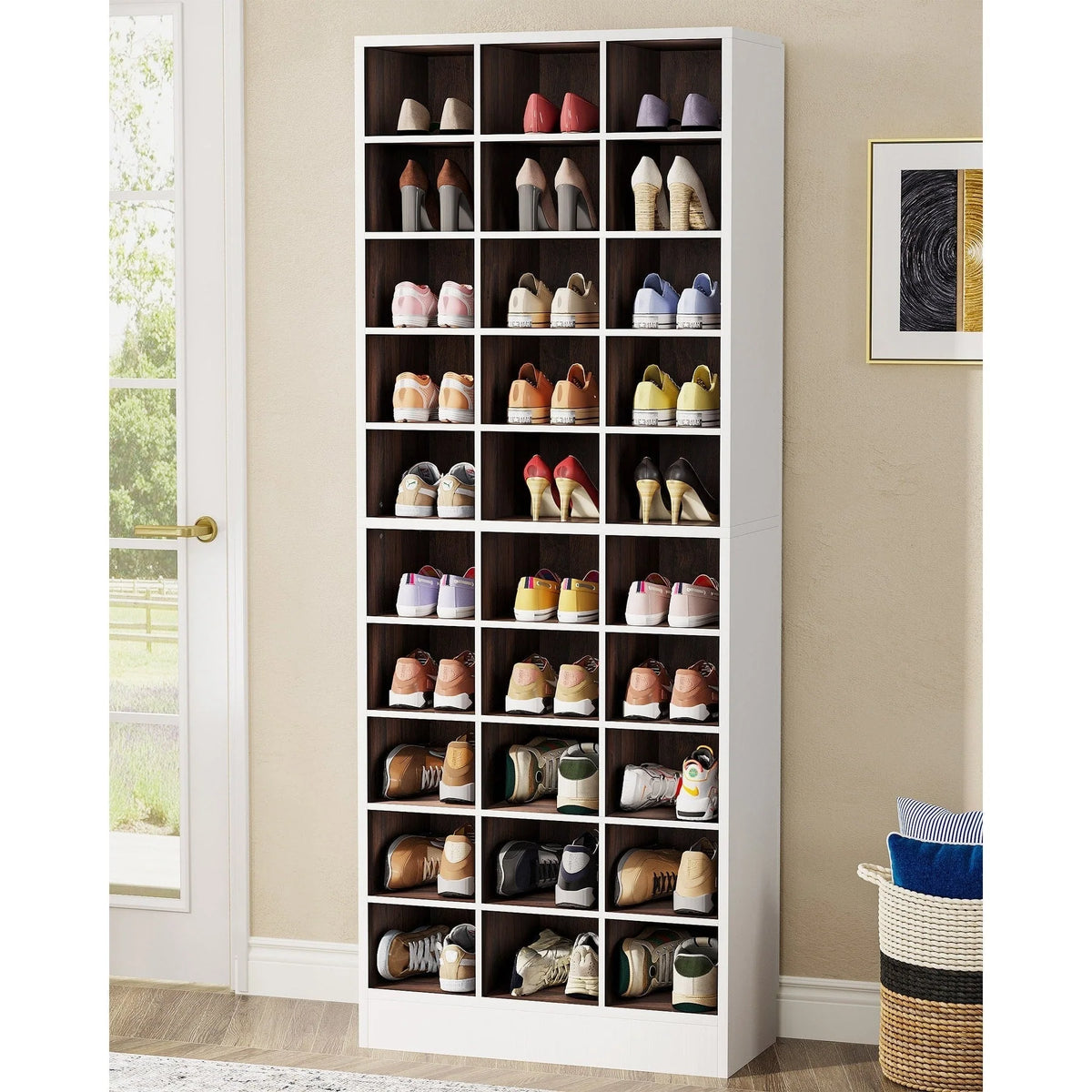 Meuble à chaussures haut 30 paires, étagère de rangement à chaussures en bois blanc 10 niveaux pour placard, entrée - 10 niveaux