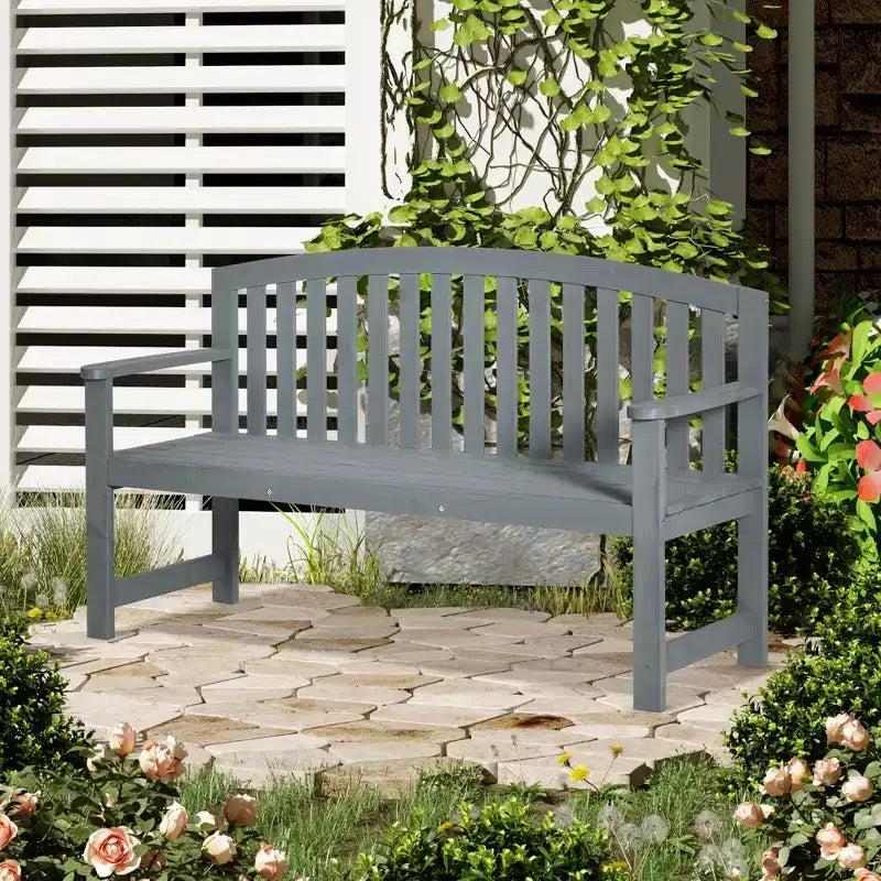 Banc d'extérieur en bois Outsunny 56, banc de jardin 2 places en bois avec assise à lattes, dossier et accoudoirs pour patio, véranda, bord de piscine, balcon