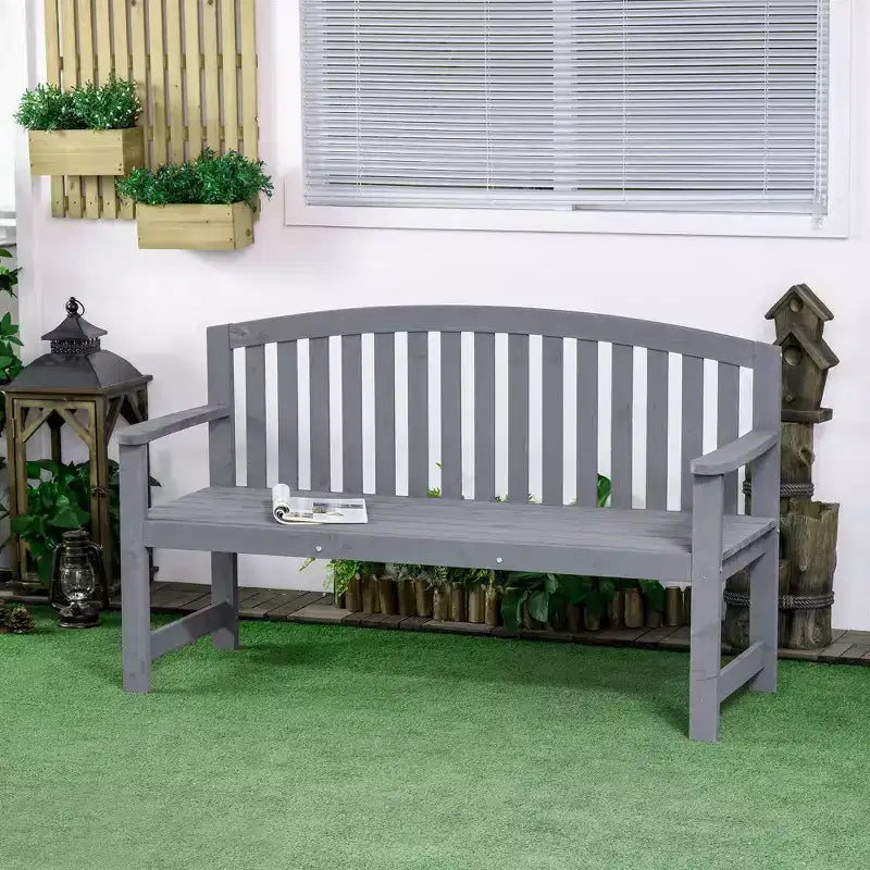 Banc d'extérieur en bois Outsunny 56, banc de jardin 2 places en bois avec assise à lattes, dossier et accoudoirs pour patio, véranda, bord de piscine, balcon