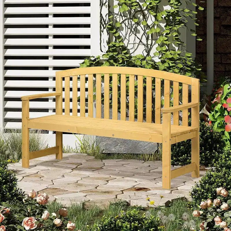 Banc d'extérieur en bois Outsunny 56, banc de jardin 2 places en bois avec assise à lattes, dossier et accoudoirs pour patio, véranda, bord de piscine, balcon