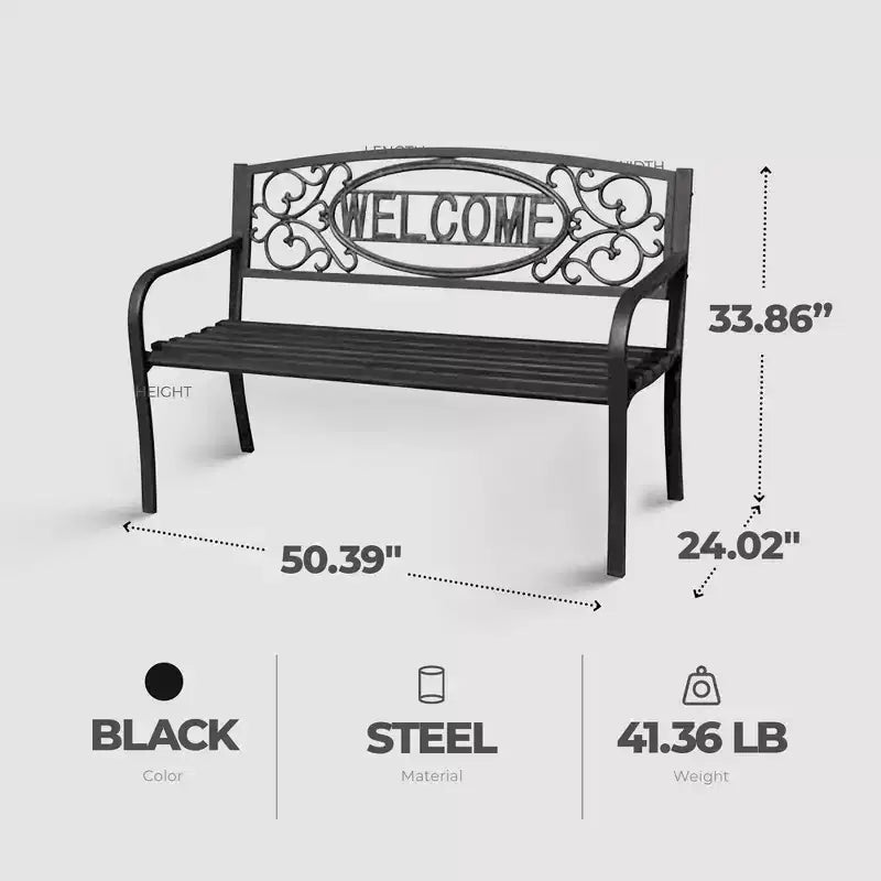 Banc de parc en acier Four Seasons Courtyard Welcome, capacité de 500 lb, noir