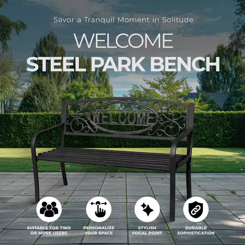 Banc de parc en acier Four Seasons Courtyard Welcome, capacité de 500 lb, noir