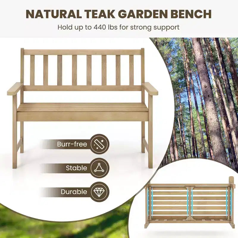 Banc de jardin Costway en teck d'Indonésie 2 places avec dossier et accoudoirs Naturel