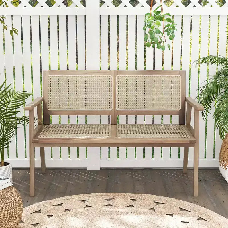 Banc de jardin Costway en teck d'Indonésie 2 places avec accoudoirs et dossier/assise en rotin naturel