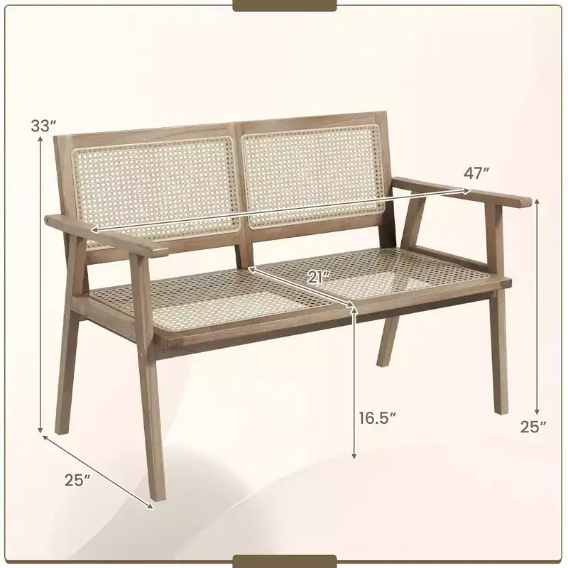 Banc de jardin Costway en teck d'Indonésie 2 places avec accoudoirs et dossier/assise en rotin naturel