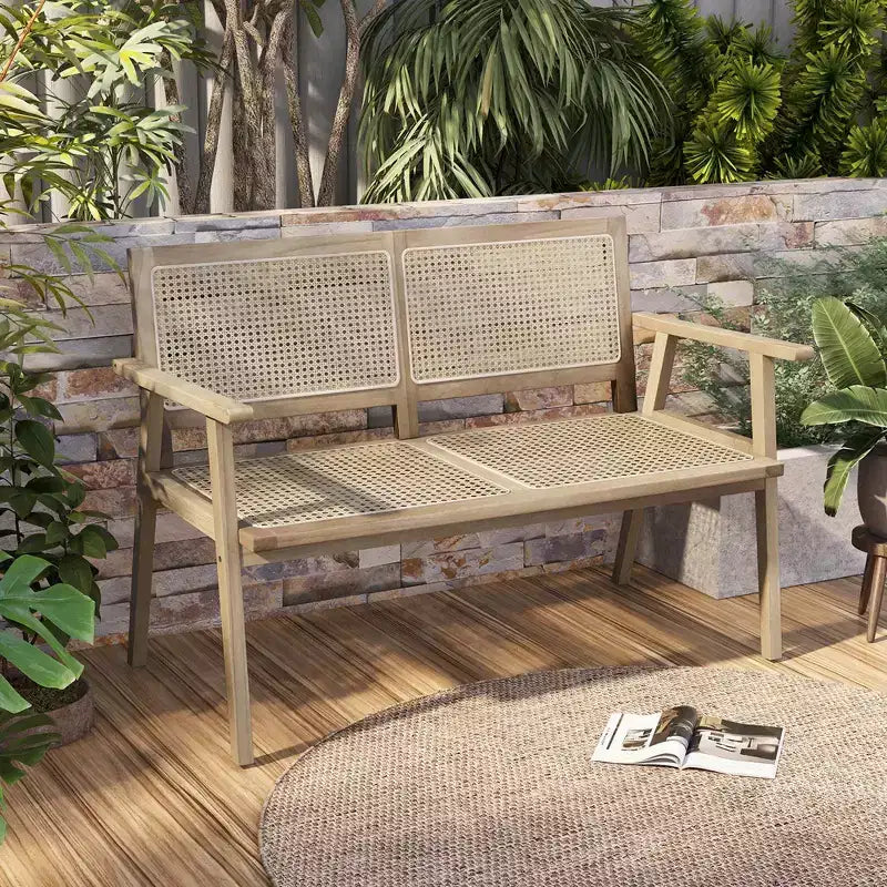 Banc de jardin Costway en teck d'Indonésie 2 places avec accoudoirs et dossier/assise en rotin naturel