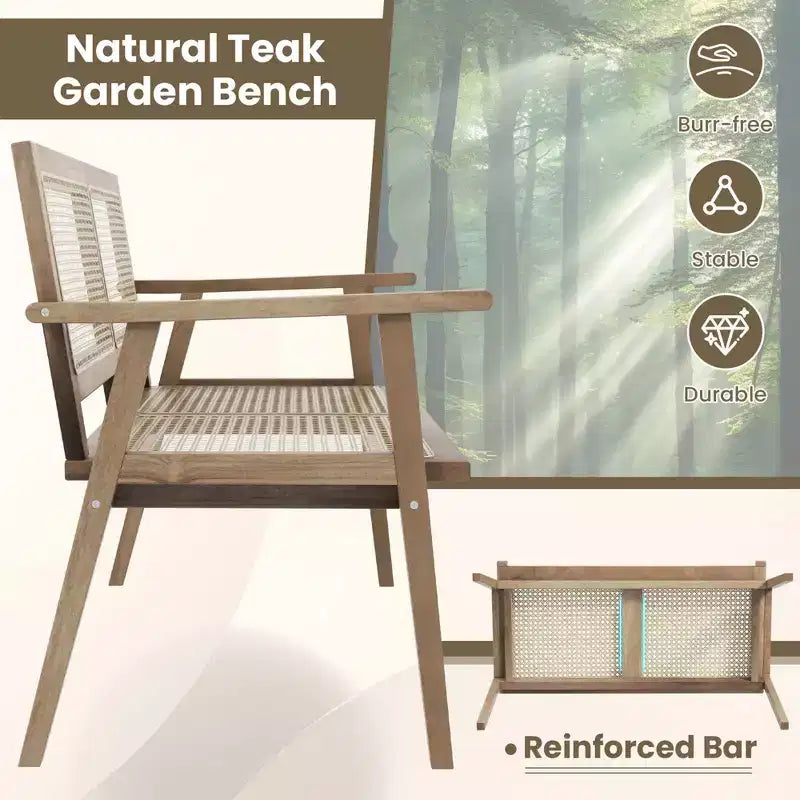 Banc de jardin Costway en teck d'Indonésie 2 places avec accoudoirs et dossier/assise en rotin naturel