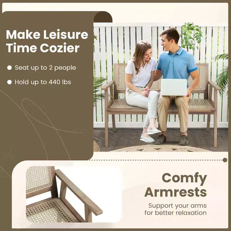 Banc de jardin Costway en teck d'Indonésie 2 places avec accoudoirs et dossier/assise en rotin naturel