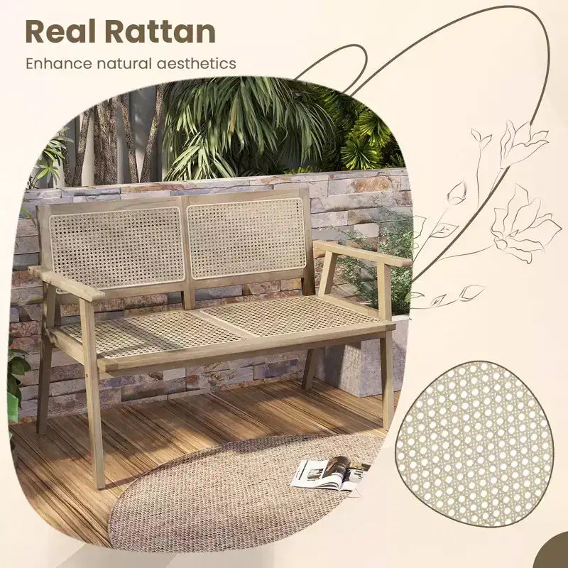 Banc de jardin Costway en teck d'Indonésie 2 places avec accoudoirs et dossier/assise en rotin naturel
