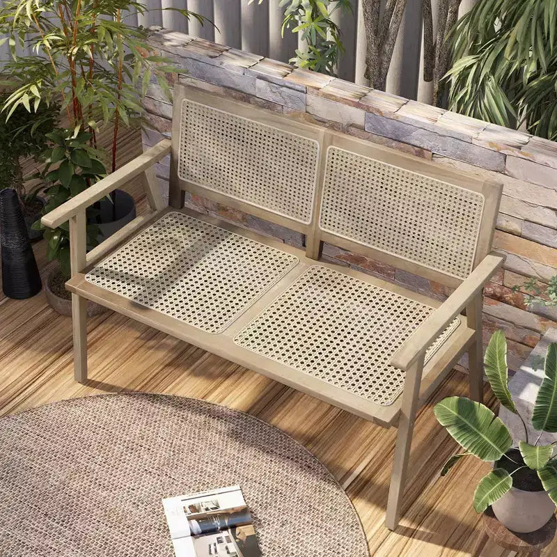 Banc de jardin Costway en teck d'Indonésie 2 places avec accoudoirs et dossier/assise en rotin naturel