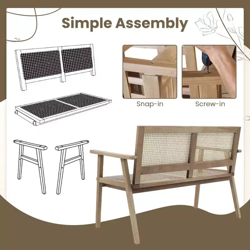 Banc de jardin Costway en teck d'Indonésie 2 places avec accoudoirs et dossier/assise en rotin naturel
