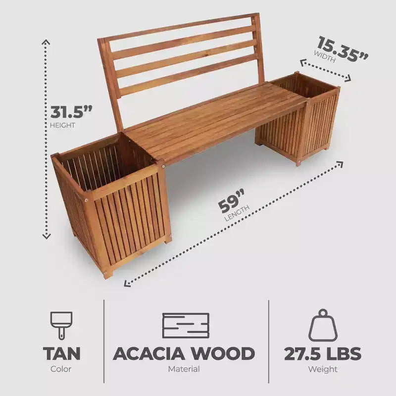 Banc multifonctionnel et durable en bois dur Leigh Country avec jardinières, couleur fauve