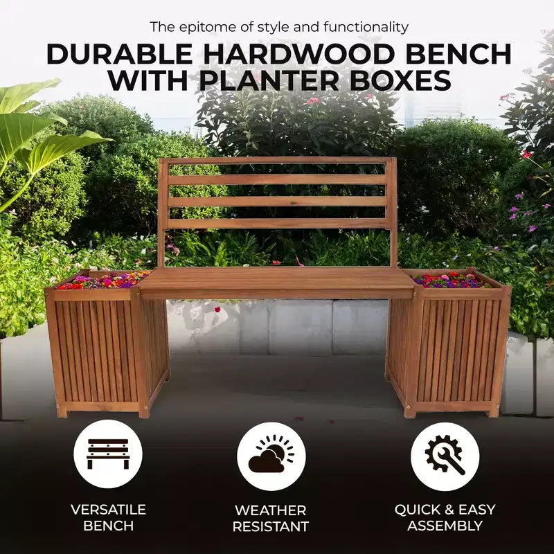 Banc multifonctionnel et durable en bois dur Leigh Country avec jardinières, couleur fauve