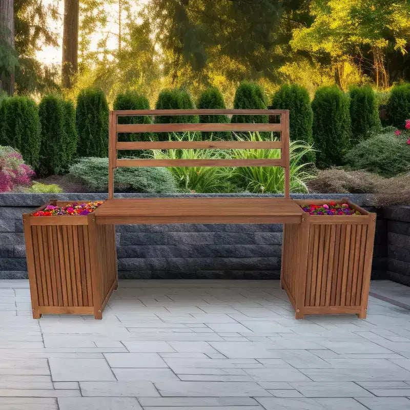 Banc multifonctionnel et durable en bois dur Leigh Country avec jardinières, couleur fauve