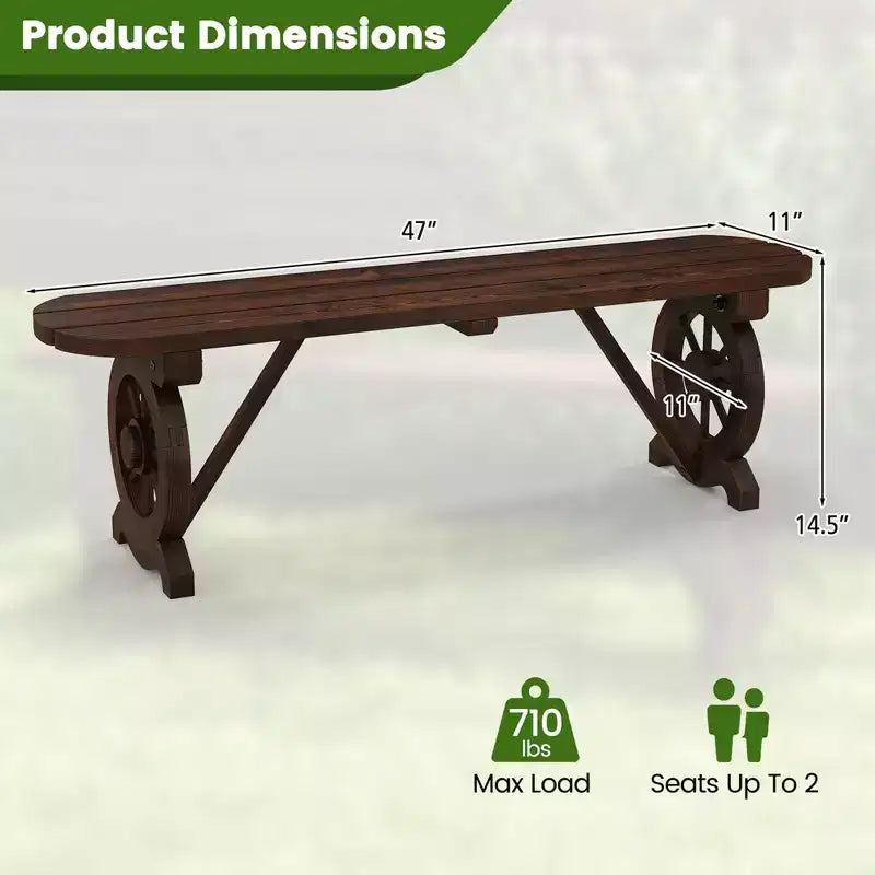 Banc d'extérieur rustique en bois Costway avec base en roue de chariot, siège à lattes, charge max. 322 kg