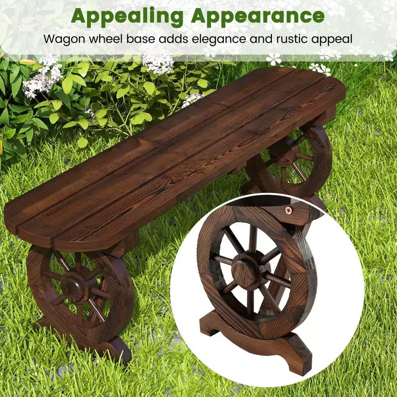 Banc d'extérieur rustique en bois Costway avec base en roue de chariot, siège à lattes, charge max. 322 kg
