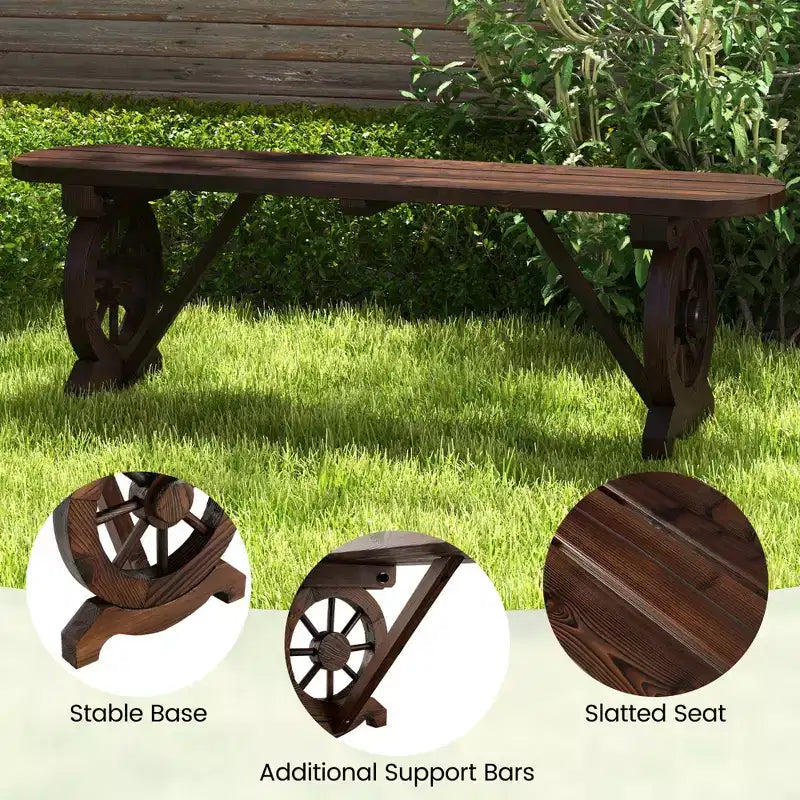 Banc d'extérieur rustique en bois Costway avec base en roue de chariot, siège à lattes, charge max. 322 kg