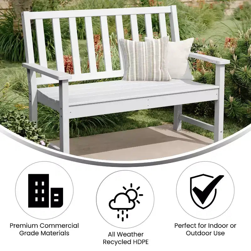 Banc Flash Furniture Ellsworth de qualité commerciale en PEHD recyclé, résistant aux intempéries, pour l'intérieur et l'extérieur, avec assise profilée