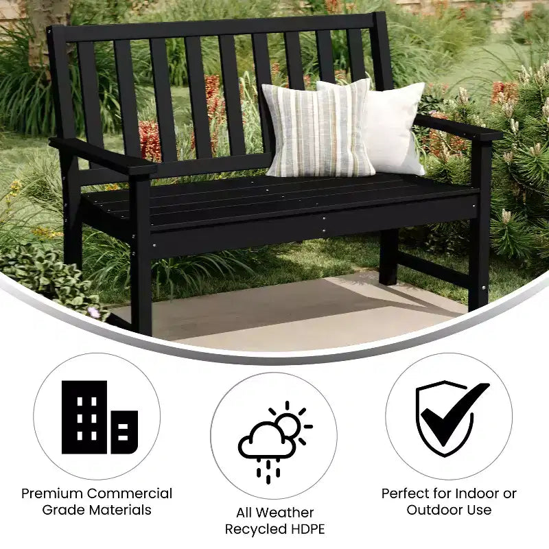 Banc Flash Furniture Ellsworth de qualité commerciale en PEHD recyclé, résistant aux intempéries, pour l'intérieur et l'extérieur, avec assise profilée