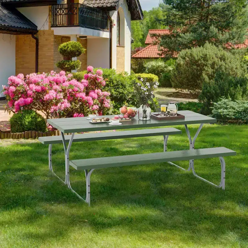 Costway Ensemble table de pique-nique et bancs 6 pieds, table à manger d'extérieur et 2 bancs avec cadre métallique Vert/Blanc/Noir/Gris