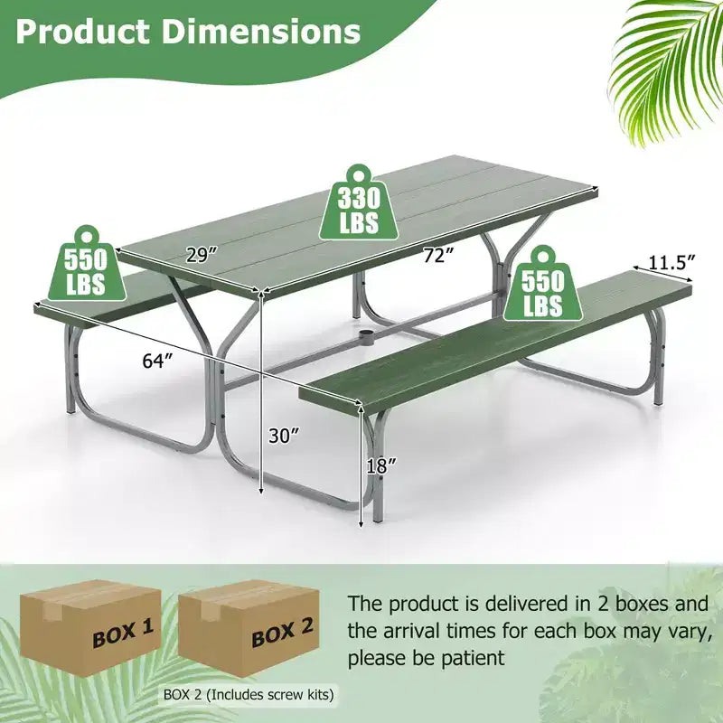 Costway Ensemble table de pique-nique et bancs 6 pieds, table à manger d'extérieur et 2 bancs avec cadre métallique Vert/Blanc/Noir/Gris