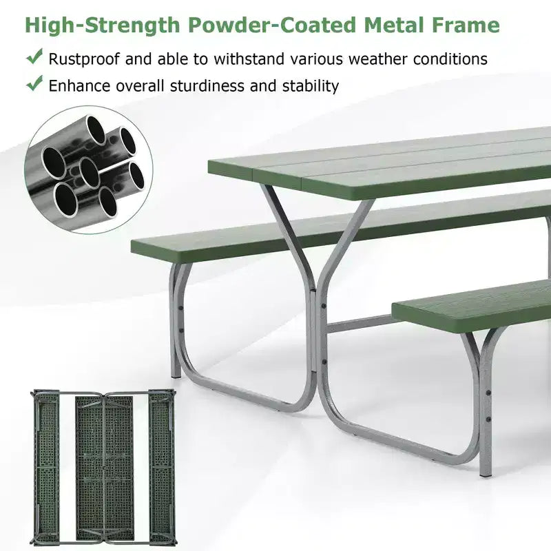 Costway Ensemble table de pique-nique et bancs 6 pieds, table à manger d'extérieur et 2 bancs avec cadre métallique Vert/Blanc/Noir/Gris