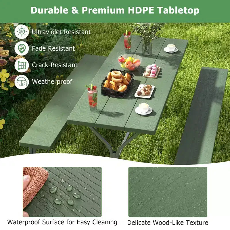 Costway Ensemble table de pique-nique et bancs 6 pieds, table à manger d'extérieur et 2 bancs avec cadre métallique Vert/Blanc/Noir/Gris