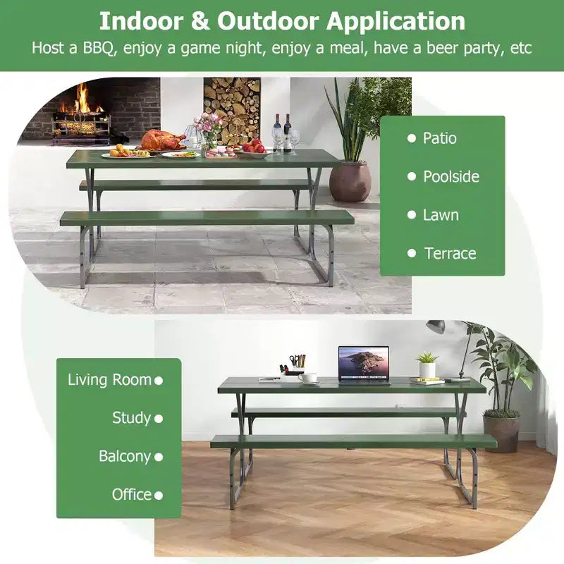 Costway Ensemble table de pique-nique et bancs 6 pieds, table à manger d'extérieur et 2 bancs avec cadre métallique Vert/Blanc/Noir/Gris