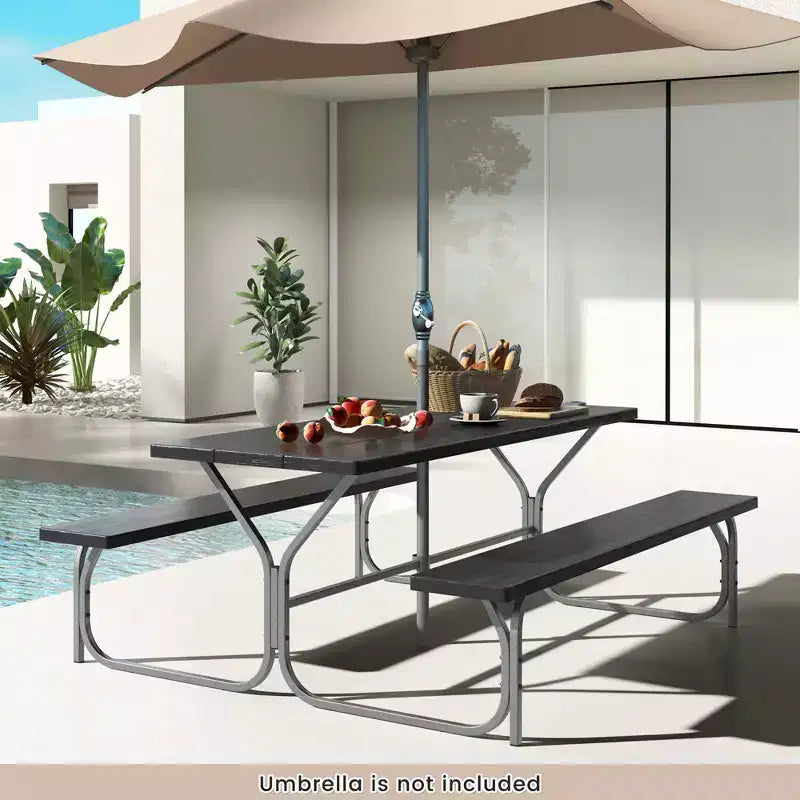 Costway Ensemble table de pique-nique et bancs 6 pieds, table à manger d'extérieur et 2 bancs avec cadre métallique Vert/Blanc/Noir/Gris