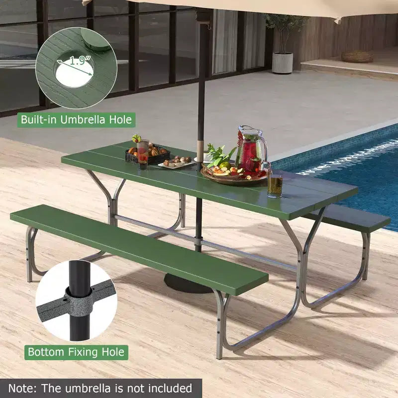 Costway Ensemble table de pique-nique et bancs 6 pieds, table à manger d'extérieur et 2 bancs avec cadre métallique Vert/Blanc/Noir/Gris