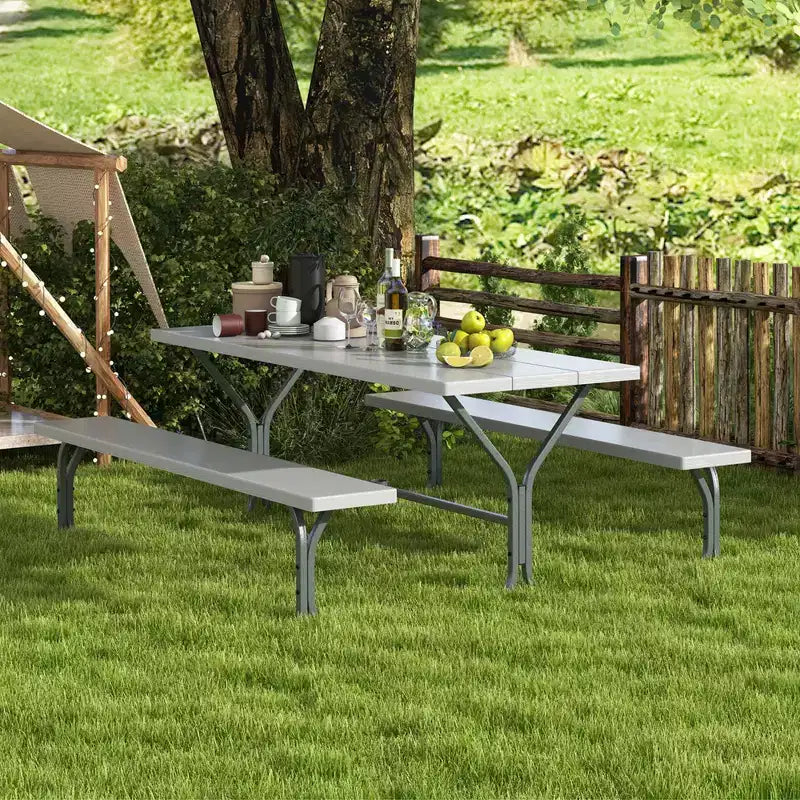 Costway Ensemble table de pique-nique et bancs 6 pieds, table à manger d'extérieur et 2 bancs avec cadre métallique Vert/Blanc/Noir/Gris