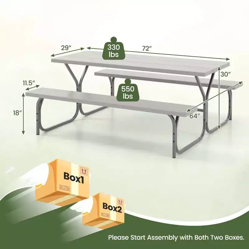 Costway Ensemble table de pique-nique et bancs 6 pieds, table à manger d'extérieur et 2 bancs avec cadre métallique Vert/Blanc/Noir/Gris