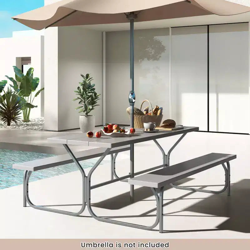 Costway Ensemble table de pique-nique et bancs 6 pieds, table à manger d'extérieur et 2 bancs avec cadre métallique Vert/Blanc/Noir/Gris